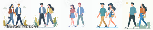 Simple Flat Illustration of Young Couple Walking Casual Outfits Lifestyle