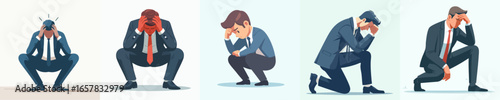 Flat Style Illustration of Depressed Businessman in Various Poses Character
