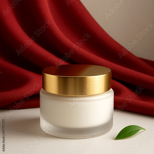 Elegant white matte cosmetic cream jar with golden lid on soft red fabric and green leaf accent, luxury skincare mockup for premium beauty and healthy lifestyle branding.