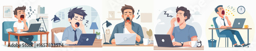 Flat Illustration Exhausted Man Yawning While Using Laptop at Desk