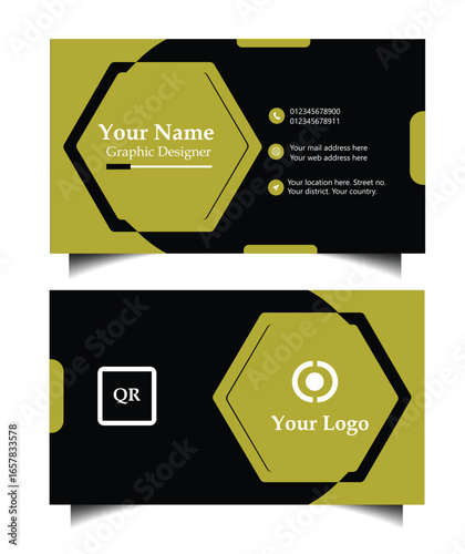 Modern hexagonal business card design with yellow and black color scheme