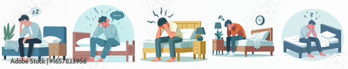 Flat Illustration Depressed Man Sitting on Bed Feeling Anxious Scene