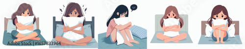 Flat Illustration Set of Sad Girl on Bed with Pillow in Different Mood
