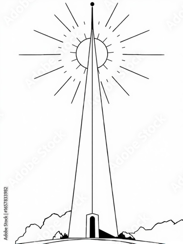 Minimilist minimalist illustration of a tall spire rising from a landscape towards a radiant sun burst design vector