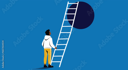 A man standing in front of a ladder leading to a hole, symbolizing challenges, opportunities, and the pursuit of success on a blue background