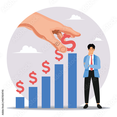 Capital gain concept. Businessman Considering Financial Growth and Savings.