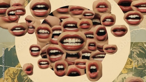 A collage of diverse mouths expressing various emotions, surrounded by floral patterns and textures