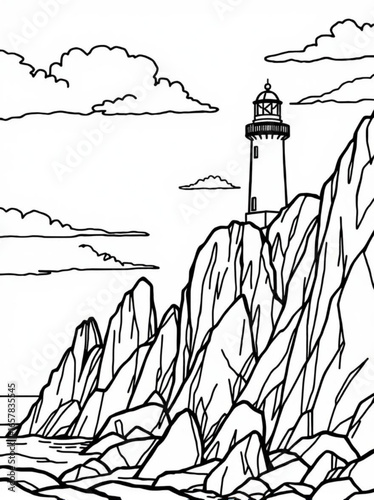 Minimilist a lighthouse stands tall on a rocky cliffside overlooking the ocean with clouds in the sky above it all vector