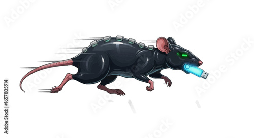 Stealing data rat with USB drive, a metaphor for data theft, cybersecurity risk and digital espionage