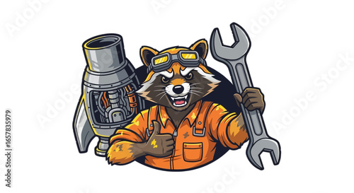 Mechanic raccoon fixing rocket with wrench gives thumbs up, perfect for DIY projects and cartoon designs