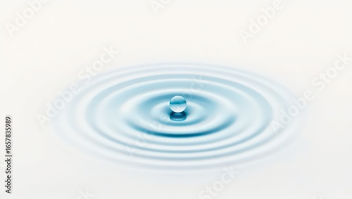 A single water droplet creating ripples on a calm surface with a clean and minimalist aesthetic view