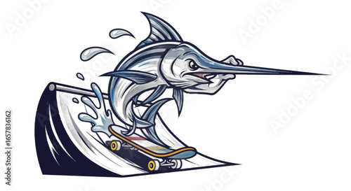 Radical marlin doing a sick skateboard trick off a ramp with water splashing everywhere cool graphic