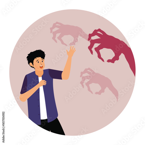 Depression or anxiety problem concept. Man Facing Abstract Figures Representing Fear.