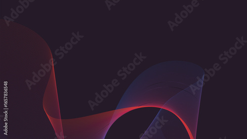 Abstract illustration featuring flowing, translucent lines in shades of red and blue against a dark background.