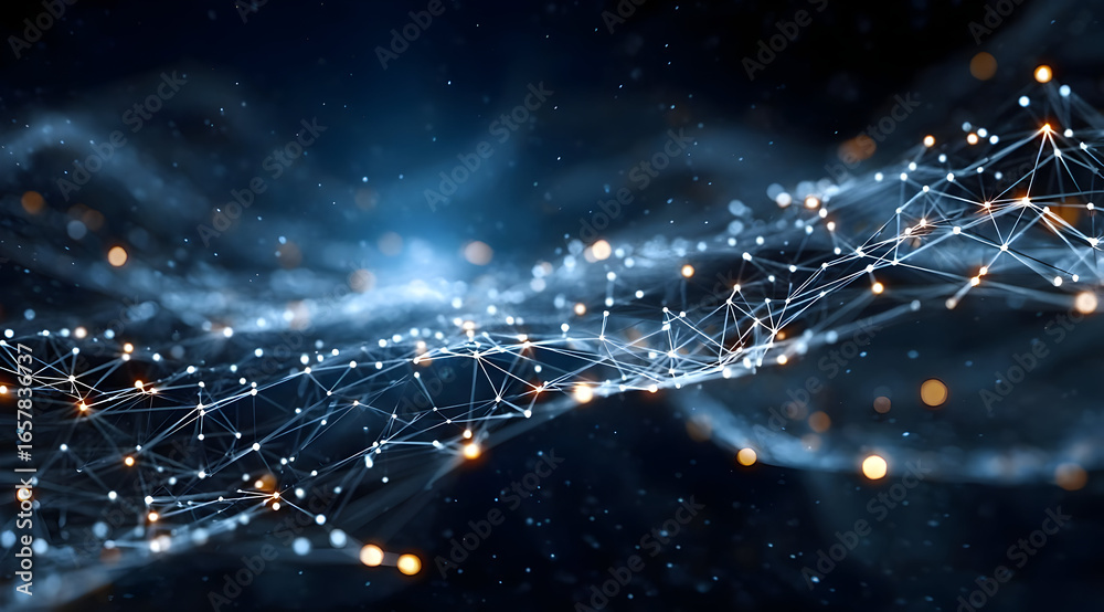 Obraz premium A mesmerizing digital abstraction featuring interconnected nodes and glowing lines, representing data flow and technological networks in a vibrant space.