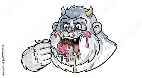 Funny blue monster enjoys a delicious ice cream treat with sprinkles and dripping chocolate fudge sauce