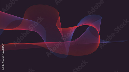 Abstract design with flowing, translucent ribbons of red and blue on a dark background.