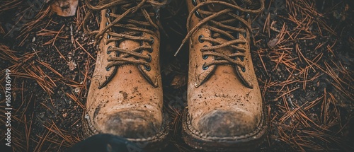 Mud-Spattered Hiking Boots on Forest Floor: A Close-Up of Worn Leather and Pine Needles