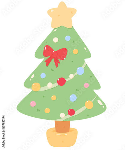 Kawaii decorated Christmas tree with star topper, ribbon and baubles, cute festive cartoon illustration for Christmas celebration, New Year holiday and winter greeting cards.