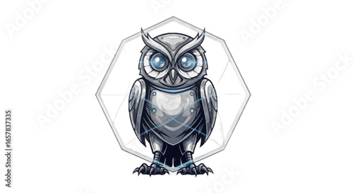 Futuristic robotic owl illustration with glowing eyes inside hexagon creative tech logo design for gaming, esports