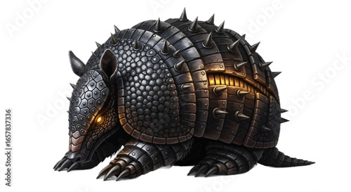 Armored armadillo with glowing eyes and spikes, a fierce and unique creature concept design idea