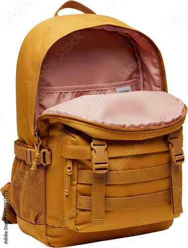 Open mustard yellow backpack with pink lining mesh side pocket multiple straps and buckles bag accessory transparent background