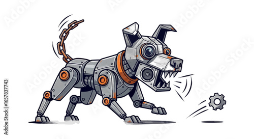 Robot dog playfully chases a gear, adding a touch of mechanical charm and playful energy to your designs