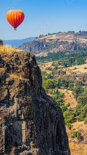 Orange Hot Air Balloon Soaring Over Rugged Oregon Canyon Landscape