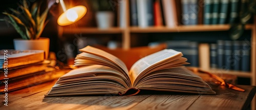 Open Book Illuminated by Lamp on Wooden Table, Cozy Reading Scene.
