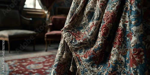 Ornate Floral Curtain Detail in Antique Room with Red Rug and Chair