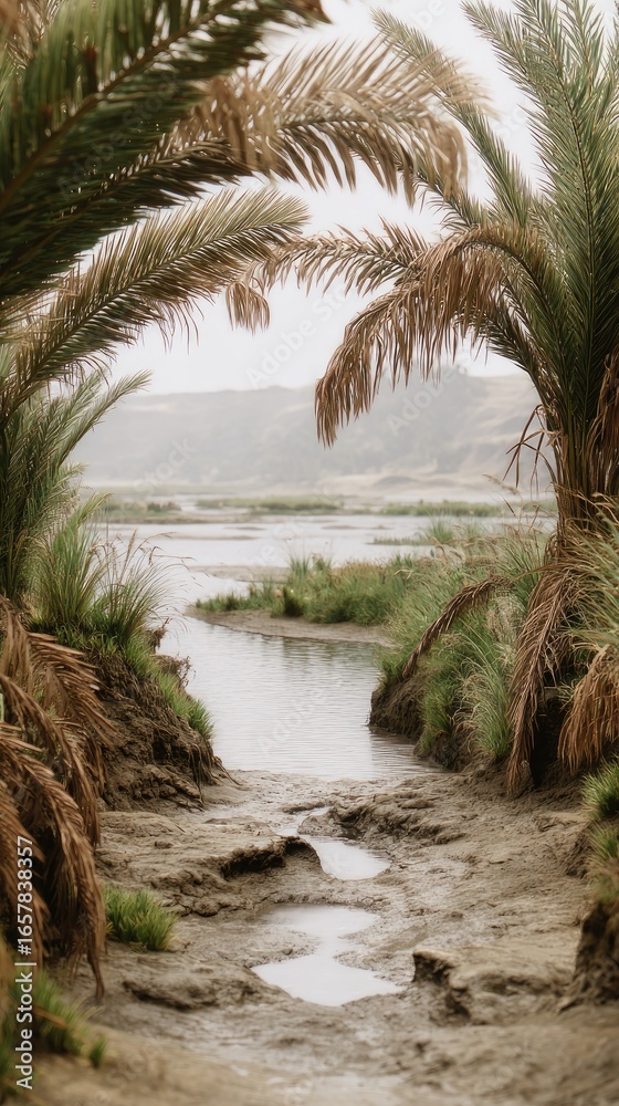Obraz premium Palm trees frame a misty river channel