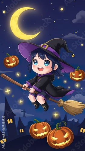 Halloween Witch  photo Illustration – Broom, Moon & Pumpkins