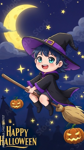 Halloween Witch  photo Illustration – Broom, Moon & Pumpkins