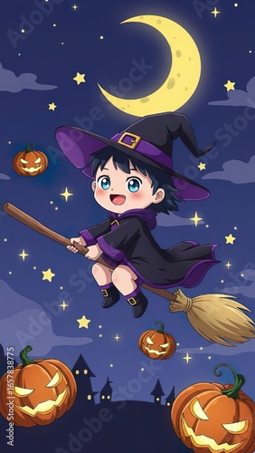 Halloween Witch  photo Illustration – Broom, Moon & Pumpkins