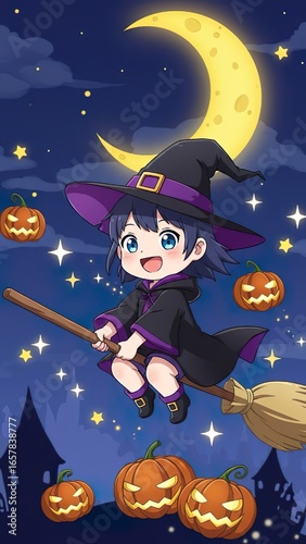 Halloween Witch  photo Illustration – Broom, Moon & Pumpkins