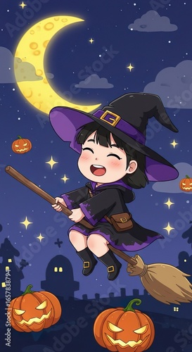 Halloween Witch  photo Illustration – Broom, Moon & Pumpkins