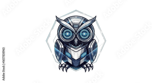 Futuristic robotic owl emblem with glowing blue eyes and sleek metallic armor design concept art