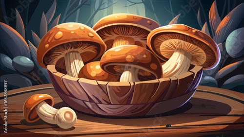 Fresh brown mushrooms in rustic wooden bowl on dark table, moody food photography with natural lighting and selective focus for culinary design