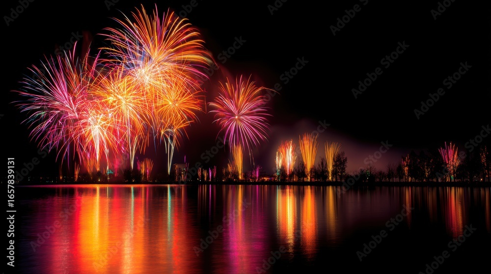 Fototapeta premium Vibrant fireworks display illuminating the night sky over a serene lake, reflecting colorful bursts