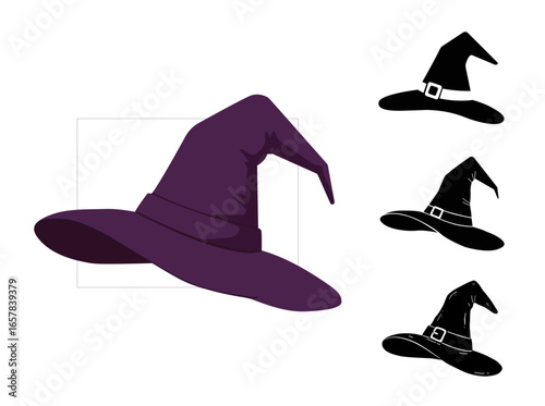 Stylized witch hats in minimalist flat style, from simple to detailed. Perfect for logos, icons, invitations, Halloween decorations, or magical design projects.