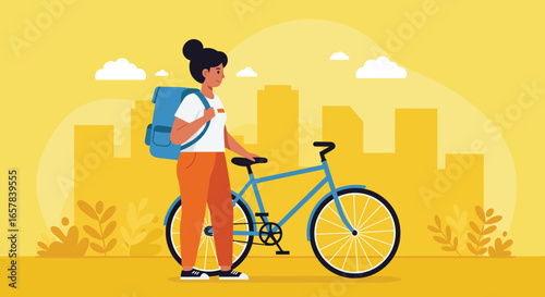 A woman with a backpack is standing next to a bicycle in front of a city skyline, ready to deliver packages or food with her bike in the urban environment