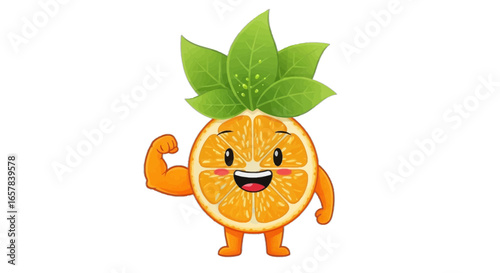 Strong orange character flexing muscles promotes healthy eating and fitness in a fun, engaging way
