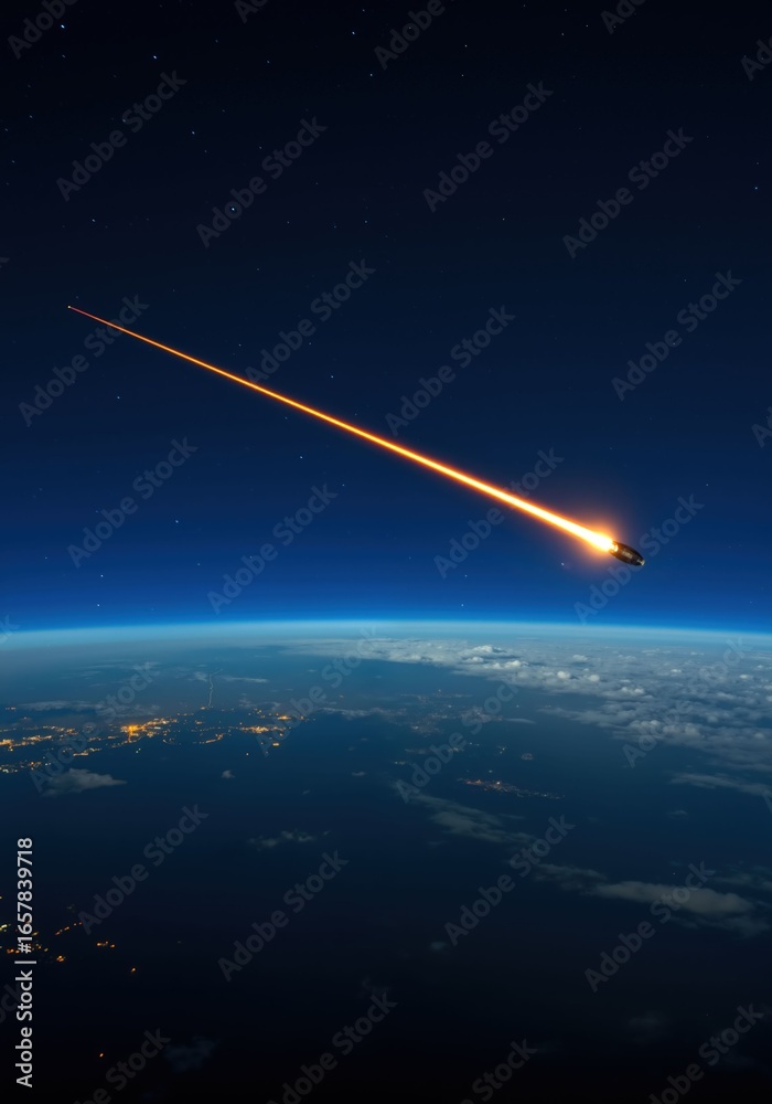 Naklejka premium Rocket streaking through starry night sky with earth below. Spacecraft concept artwork of re-entry or atmospheric flight for science theme and astronomy use.