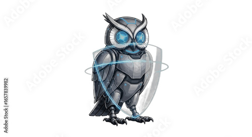 Futuristic cybernetic owl guards digital assets with advanced technology and artificial intelligence