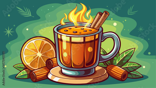 Hot buttered rum cocktail with steam and flame, served in a glass mug with cinnamon sticks, orange slices and spices on a cozy green background