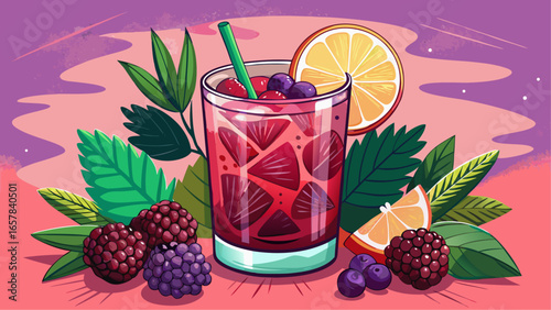 Refreshing berry cocktail with ice cubes, garnished with lemon slice and mint leaves, surrounded by blackberries and blueberries on a colorful background