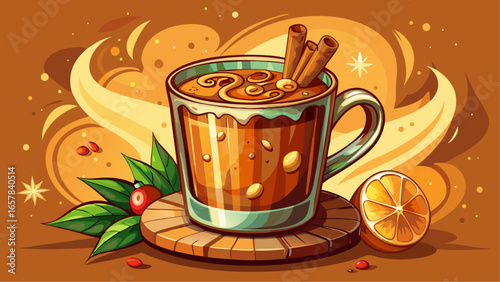 Hot buttered rum with melting butter swirls, cinnamon sticks and orange slice in a glass mug on a wooden coaster with a warm festive background