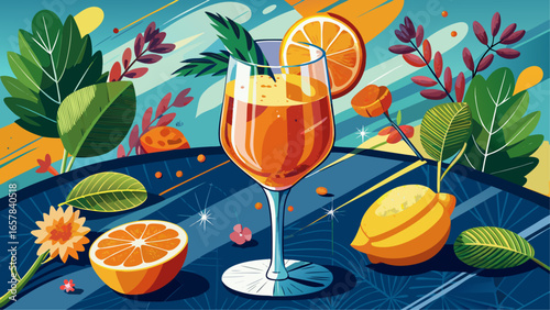 Prosecco spritz cocktail with orange slice and herbs in a tall glass, surrounded by citrus fruits and vibrant foliage on a colorful background