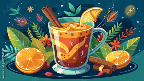 Warm mulled cider with cinnamon stick, orange slices and spices in a glass mug, surrounded by vibrant leaves and festive botanicals on a dark background
