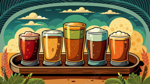 Creative beer flight sampler with five unique frothy craft beers in stylized glasses on a wooden board, set against a scenic nature sunset background